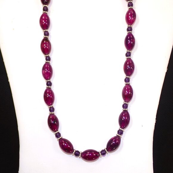Purple bead necklace with tube shape purple beads and round purple glass beads - Picture 2 of 8